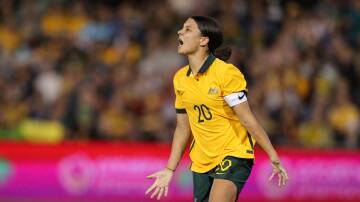Sam Kerr reacts after a missed shot on goal in the Matilda's vs USA soccer match at McDonald Jones Stadium, Newcastle on 30 November 2021. Picture Max Mason-Hubers
