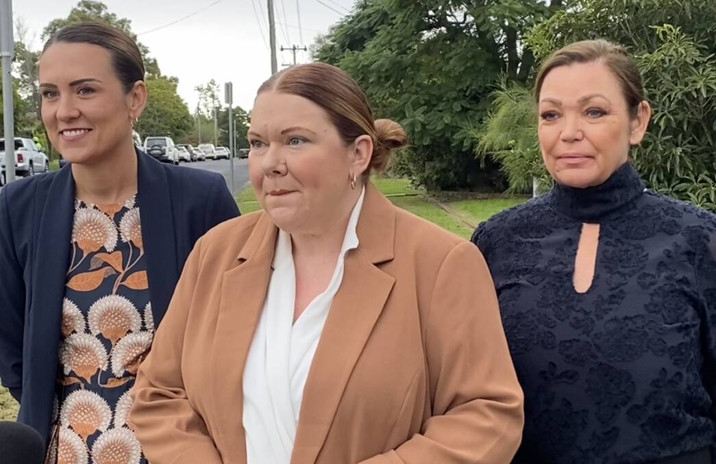 Jemma Tribe (centre) is joined by Crystal Brandon and Selena Clancy as she announces plans for stand for Shoalhaven Mayor in the September local government election. Picture by Glenn Ellard.