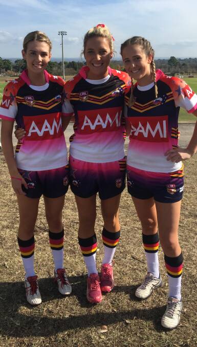 WINNERS ARE GRINNERS: Milton-Ulladulla trio Hannah Prouten, Cheyanne Hatch and Georgia Thomas in their Greater Southern Stars uniforms. Photos: TRACEY HATCH