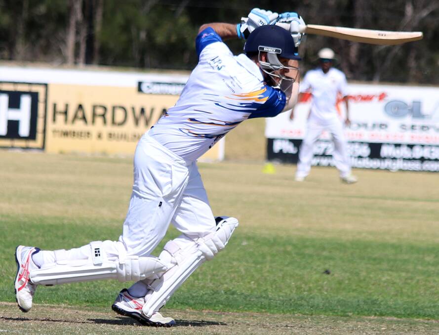 ON THE FRONT FOOT: Ulladulla United senior coach Aaron Wester scored 101 not out on Saturday, an innings which included 11 boundaries. Photo: CATHY RUSSELL