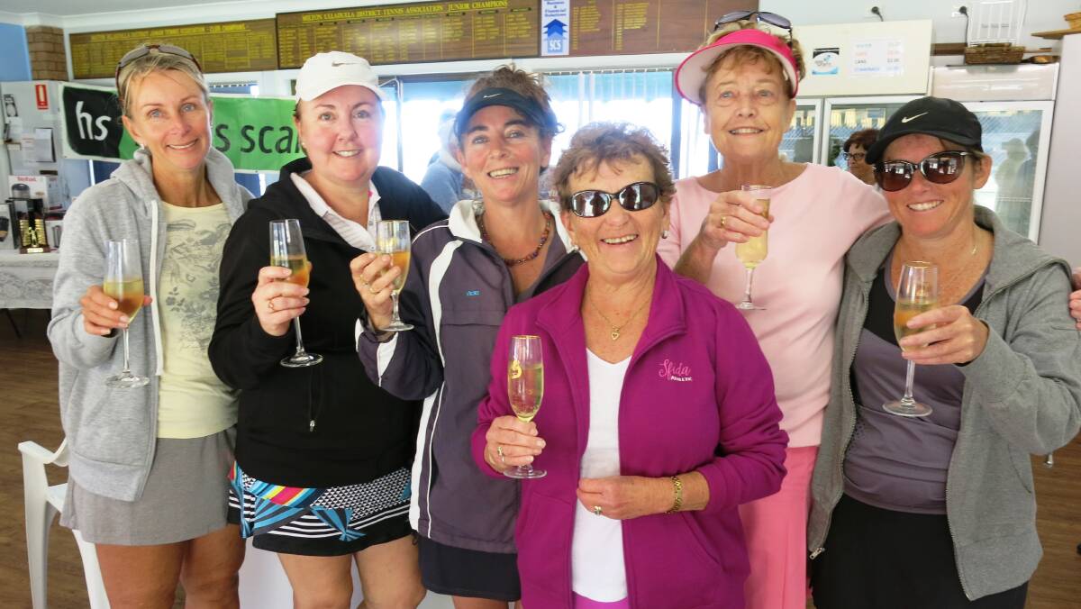 Finalists: It was a double celebration for Kate Rejc as Kerri, Kate, Vicki, Pam, Pat and Mel toast the winners of Monday Ladies comp division 1.
