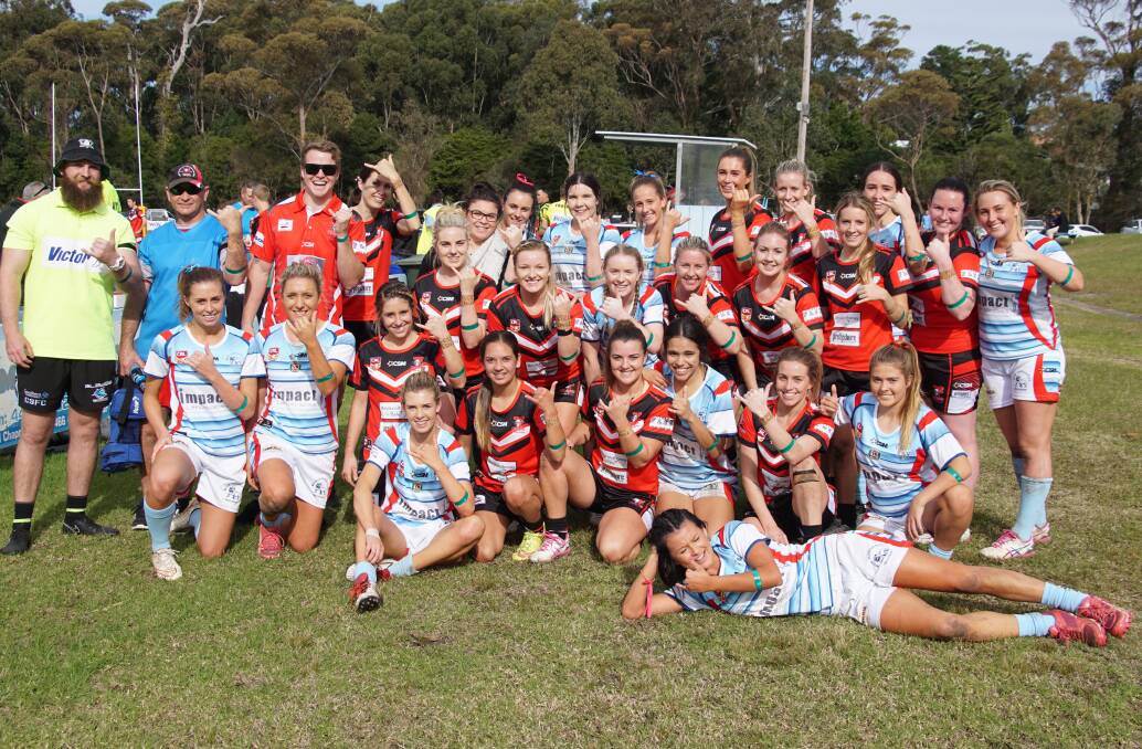 SUPPORT: The Kiama Knights and Milton-Ulladulla Bulldogs women's league tag team's show off their green arm bands. Photo: TIM DELANEY