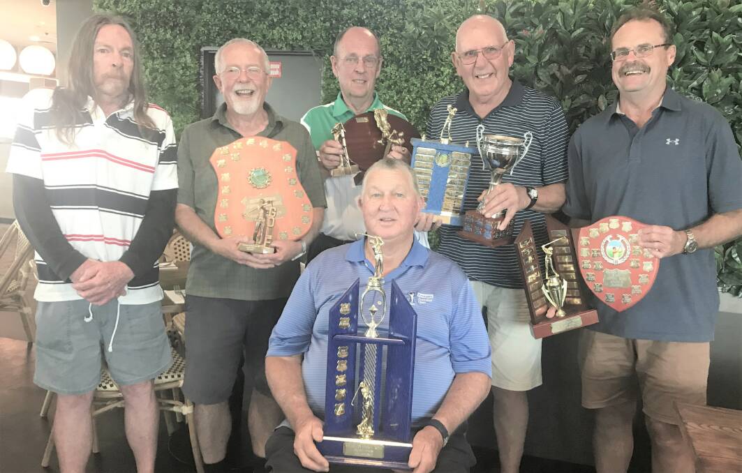 Mollymook Beachside Veterans: 2018 trophy winners Ken Whitney, John Payne, Bill Brown, David Allaway, Mark Hardwick with Danny Fleming sitting in front.