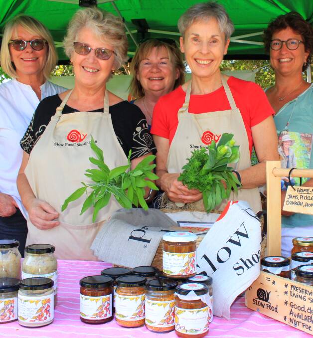 TAKING IT SLOW: Slow Food Shoalhaven members Rosie Cupitt (back left), Linda Hatch, Marianne Cool, Shelagh Atkinson and Evelyn May at the Gaia Farmer's Market.