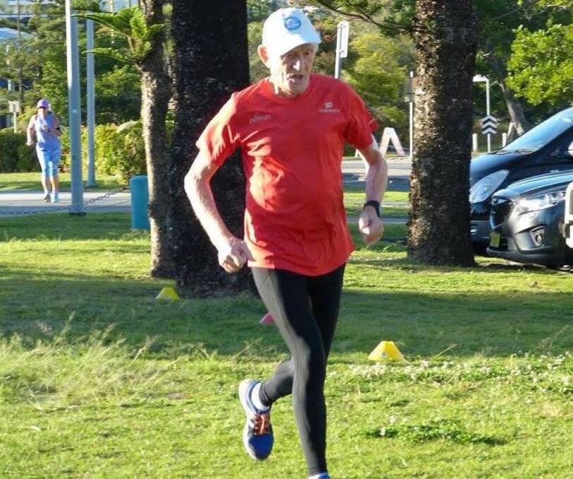 STILL RUNNING: Rats’ life member Ken Saunders in the finishing chute last Saturday, on his way to smashing the (VM85-89) age category record for Kirra parkrun and also achieving a new PB of 36:15.