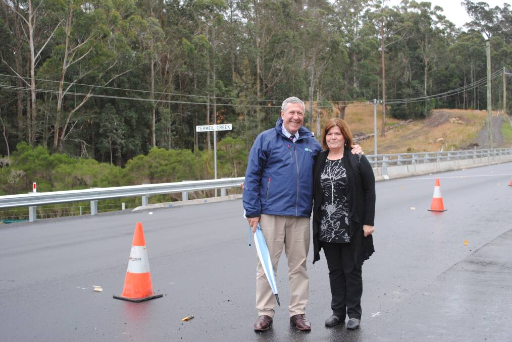 Minister for Roads, Maritime and Freight Duncan Gay and Member for South Coast Shelley Member at the opening of Termeil Creek Bridge on the Princes Highway.