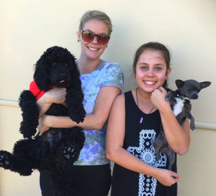 HOME: Labradoodle Byron, Bronwyn Higgins and Ella Arthur-Higgins were reunited with Chihuahua, Muggsy on Sunday.