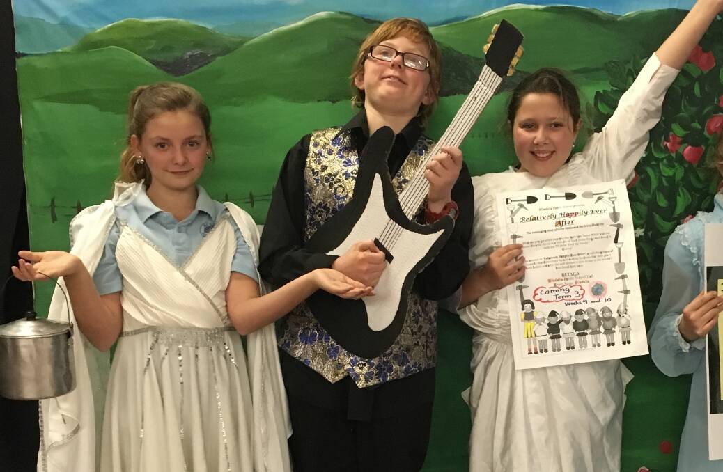 Gabriel Hubbard, Kyle Pontin and Isabella Young rehearse for the upcoming school play 'Relatively Happily Ever After'.
