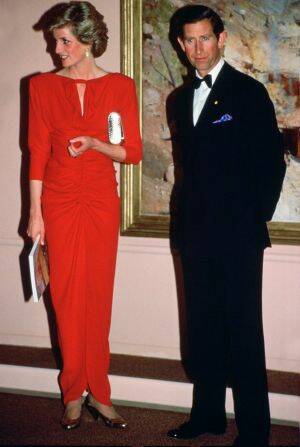 Princess Diana and Prince Charles at the National Galley in Melbourne, 1985, wearing a dress designed by Bruce Oldfield.  Photo: Getty/Tim Graham

