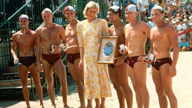 Diana with Brett Hooey (at far left) and other Terrigal lifesavers in January 1988. Photo: Getty Images/Tim Graham
