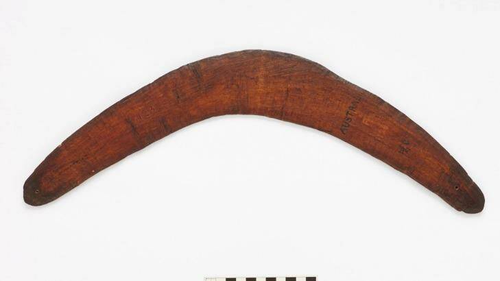 A boomerang on display in a regional British museum, one of several items identified as survivors of Australia's first cricket tour of England.  Photo: Royal Albert Memorial Museum & Art Gallery (RAMM)
