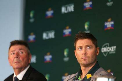 Right to set deadline: Michael Clarke fronts the media with national selector Rod Marsh earlier in January.  Photo: James Alcock