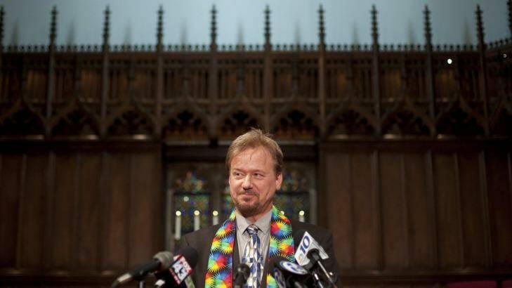 Frank Schaefer speaks to reporters after being reinstated as a pastor in Germantown, Pennsylvania, on June 24. Photo: New York Times