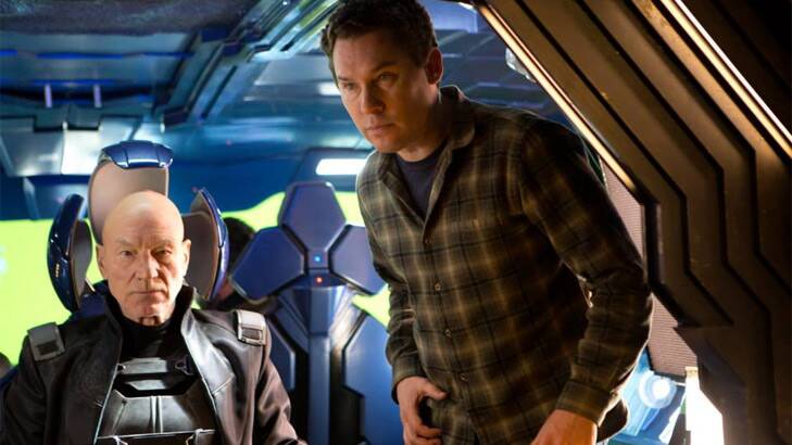<i>X-Men</i> director Bryan Singer on the set with Patrick Stewart.