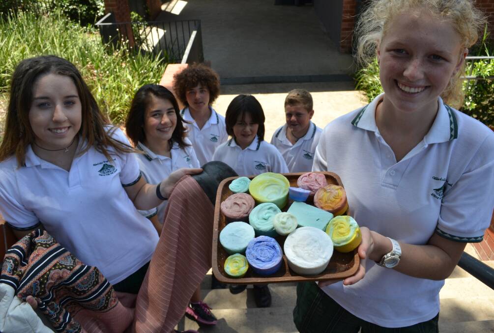 YOUNG GUNS: Sarah Mudge (left), Ava del Tufo (right) and members of Hard to Find Maya Holstegge, Lochie Havelka, Leon Holstegge and Daniel Nichols have developed unique businesses and are filling their money boxes doing things they enjoy.