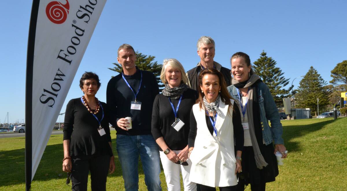 WONDERFUL FOOD: Slow Food members and delegates Amorelle Dempster (left), Paolo DiCroce, Rosie Cupitt, Matthew Evans, Kris Lloyd and Elena Aniere at Friday’s conference opening event at the Ulladulla Civic Centre.
