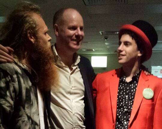 Tommy Franklin, Tom Gleeson and Rhys the Trickster hanging out at the Ulladulla ExServos during the Ulladullirious comedy festival.