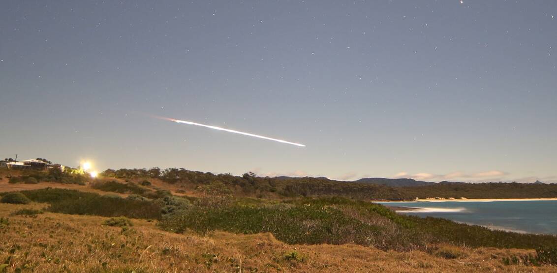 ASTRONOMICAL: Bawley Point uni student Jed Garkut captured this spectacular image of Thursday night’s mysterious bright light in the sky which turned out to be third-stage rocket, that helped to take Russia’s second Meteor-M weather satellite into orbit, returning to Earth. Photo by Jed Garkut.
