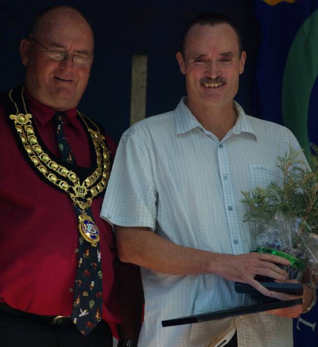 35 YEARS SERVICE: Richmond Valley mayor Ernie Bennett (left) presents Michael Pontefract with the 2015 Volunteer of the Year Award.