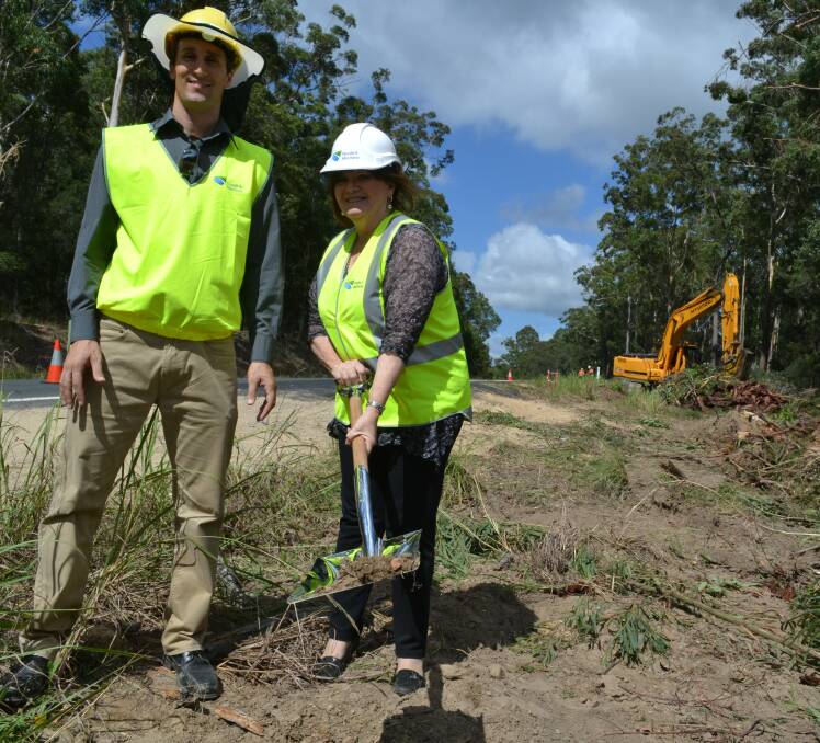 DIGGING IN: RMS project manager Kurt Biddle and Member for South Coast Shelley Hancock turn the first sod on the $21 million Princes Highway upgrade at Termeil Creek.