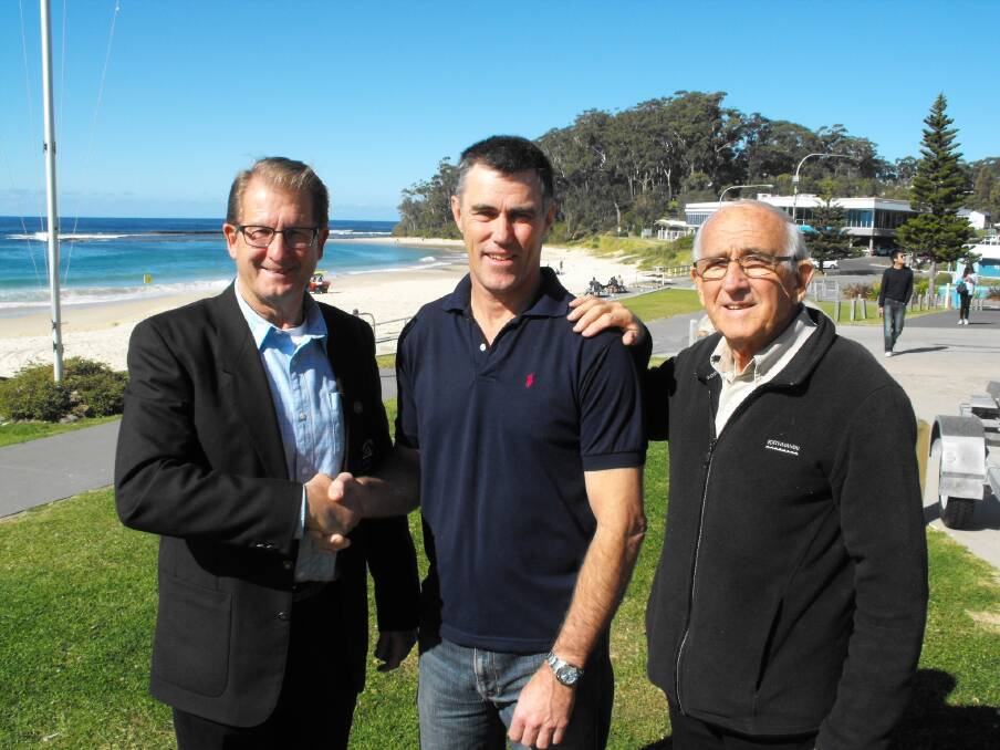 LIFE MEMBERS: Mollymook Surf Life Saving Club’s newly appointed life member Kevin Whitford with club president Rodney Austin and life member Ivan Johnson. 
