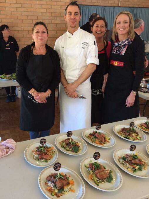 WHAT A DISH: Celebrity chef Coop Woodstone with Deb Riches (left), Gabrielle Pullinger and Shasta North show off the dish that took out second place in the Bendigo Bank Masterchef competition. 