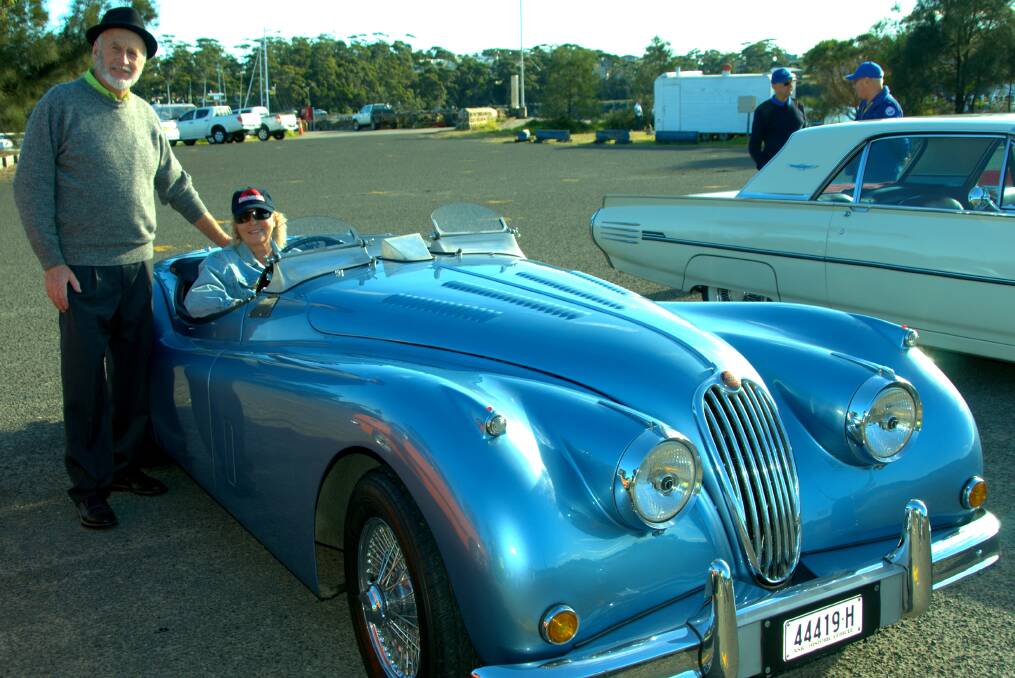 FANCY: Phil and Di Mudie from MUVCCC with their 1954 XK140 Jaguar Larkspur. 