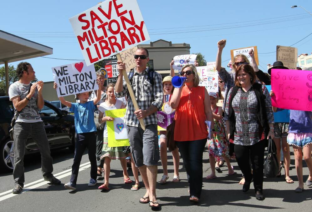 BOOK IT UP: Community members of all ages joined a rally on Saturday showing their support for the Milton Library, and urging Shoalhaven City Council to not only save it, but extend its hours. Photo: THERESE SPILLANE. 