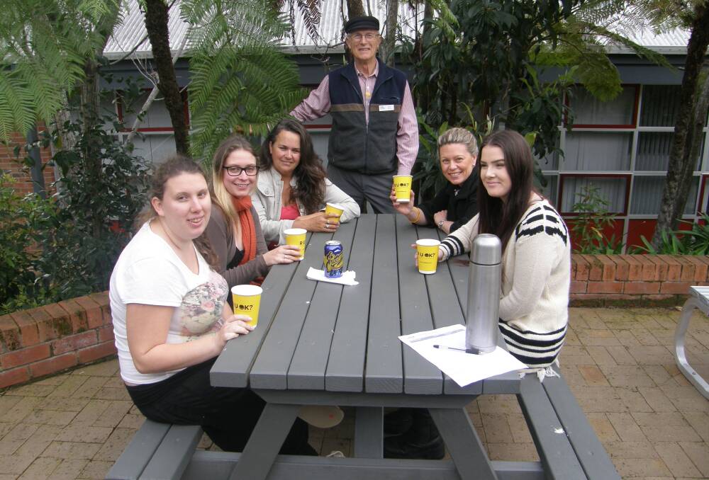 OKAY: Enjoying activities as part of RUOK Day are Ulladulla TAFE students and staff from front left: Jackie Mulligan, Rachael Ryan, Anneke Lette, counsellor David Bond (centre), teacher Kylie Rushton and Hailey Davis. 
