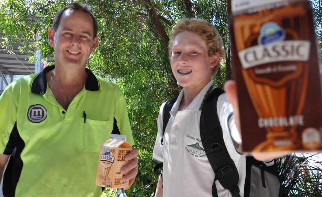 GOT MILK?: Ulladulla and districts Dairy Farmers franchisee David Rutherford congratulated Ulladulla High School student Aiden Lewand-Parsons on winning the prize 
