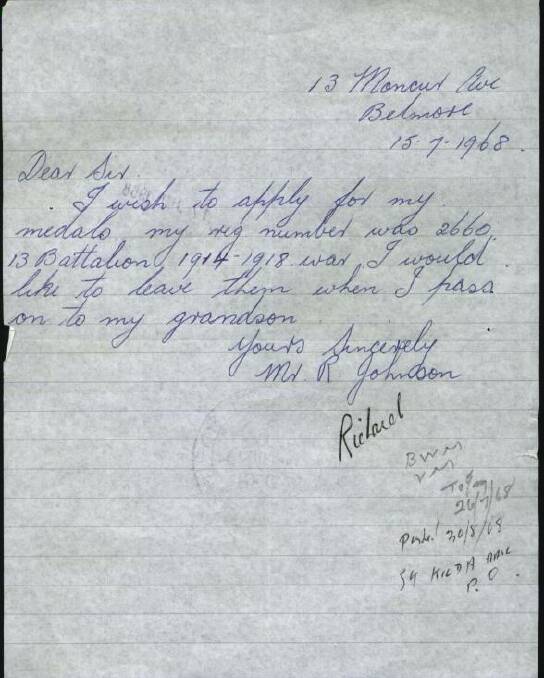 LETTER:  A letter Richard Johnson wrote in 1968 at the age of 84 asking for his service medals.