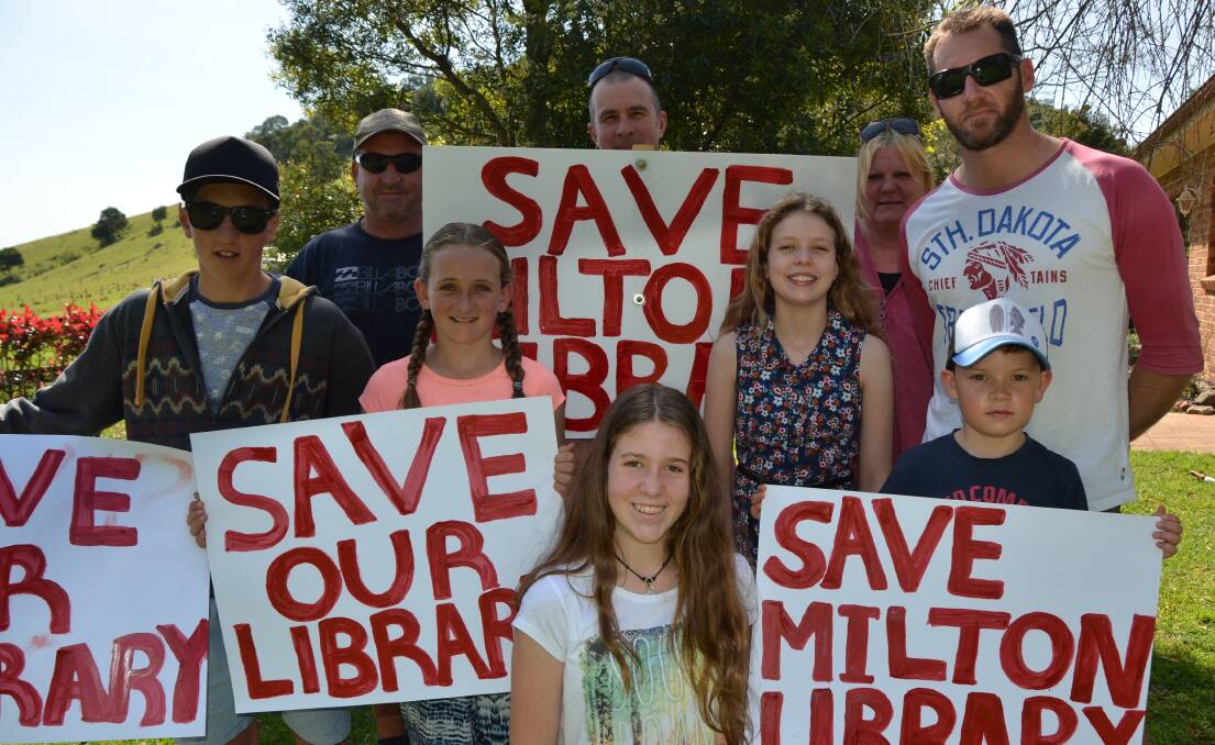 READY TO MARCH: All set for Saturday’s Save Milton Library Rally are Sam, Colin and Maddy Woods, Damien, Bella and Lucinda Pakes, Gayle Smith and Dave and Harry Neil. 