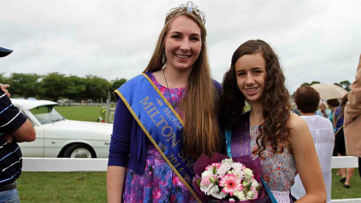 SHOW SMILES: The 2014 Milton Showgirl Thea Ingold celebrates with Teen Showgirl Chloe Dadd who also won Friday night’s Milton Idol competition. 