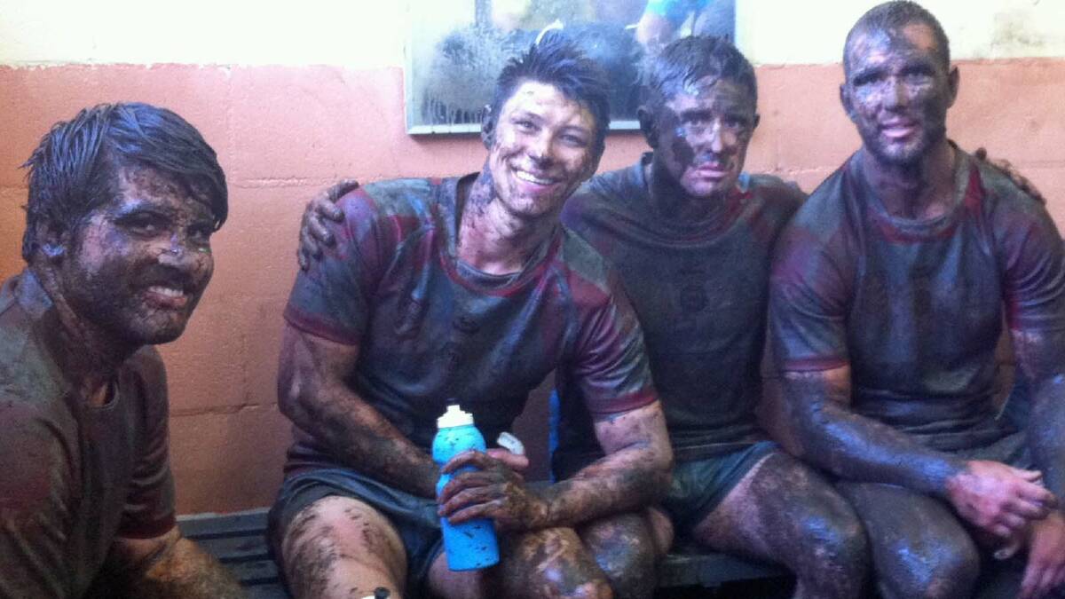MUDDY: Bulldogs first grade players (LEFT) Nick Goodman, Travis Young, Scott D'Ombrain and Gary Warburton after their muddy clash against Gerringong. The team will play their first game at home this Saturday.