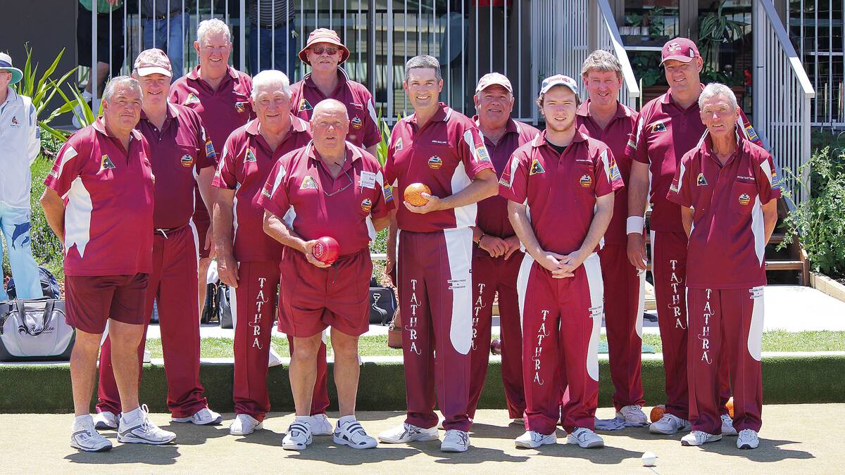  BEGA: Bowlers from Tathra combining for a little friendly rivalry in the Drakes Pride Super Sixes final on Sunday are (from left) the Warriors Gerry Lay, John Chalker, Jeff Munz, Barry Lemon, Terry Wilson and Hedley Waugh (with red bowl) and the Renegades  Greg Mallard (with orange bowl), Richard Sinclair, Anthony McKenna, John Black, Larry Seely and Peter Rose. 