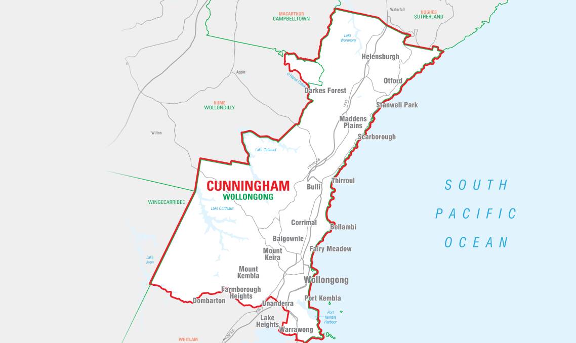 REDISTRIBUTION: Cunningham gains 8275 voters around Port Kembla and Warrawong from Throsby (now Whitlam). To keep Cunningham out of metropolitan Sydney, its northern edge shifts south to the Wollongong LGA boundary. 