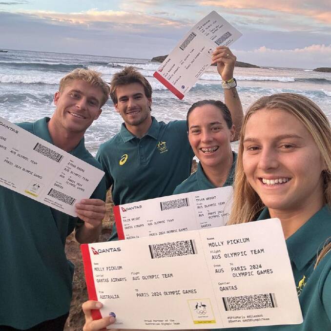  Surfers [from left] Ethan Ewing, Jack Robinson , Tyler Wright and Molly Picklum will all make their Olympic debuts in 2024. Picture supplied 