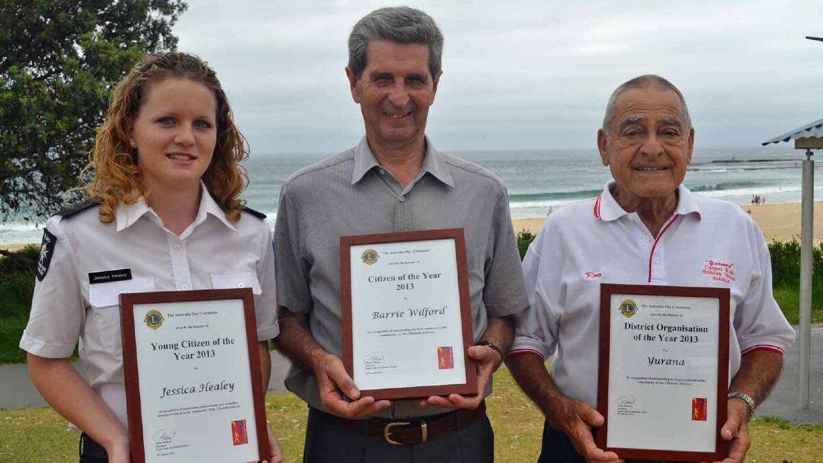 COMMUNITY PEOPLE: Last year's Australia Day Citizenship Award winners, Young Citizen of the Year Jessica Healey, Citizen of the Year Barrie Wilford and Organization of the Year Yurana president Roy Lombardo will congratulate this year's winners to be announced during Sunday's festival at Mollymook Beach.