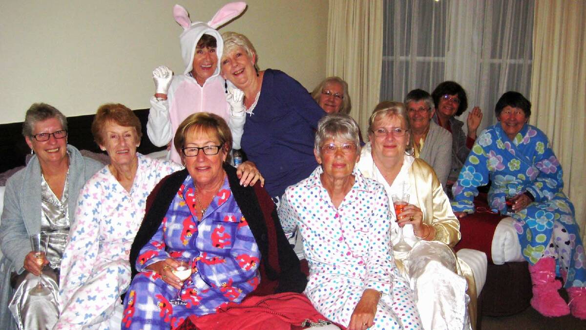 Milton Ulladulla VIEW girls at their pyjama party. ABOVE LEFT: President Lynda Lalich farewells Pat Barbe.
