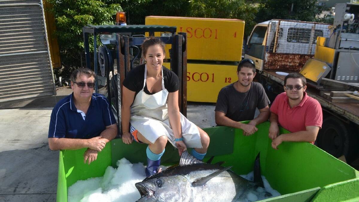 NAROOMA: John, Hayley, Todd and Ryan Abbott   with a nice 70kg bigeye tuna processed at their   factory on Friday morning to be offered for   sale in portions at a Canberra farmers market   the next morning.