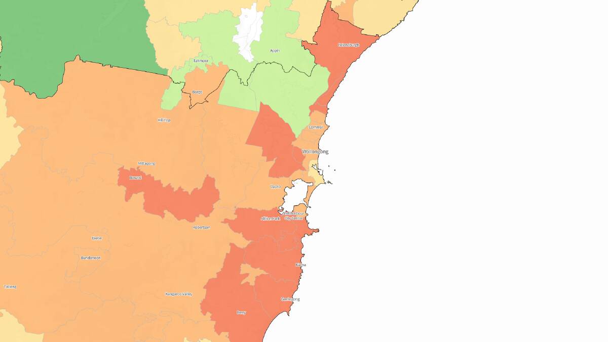Rents in the Illawarra. Red is severely unaffordable, orange is unaffordable and yellow is moderately unaffordable. Lime green is acceptable and green is affordable. Screenshot from SGS Economics and Planning. 