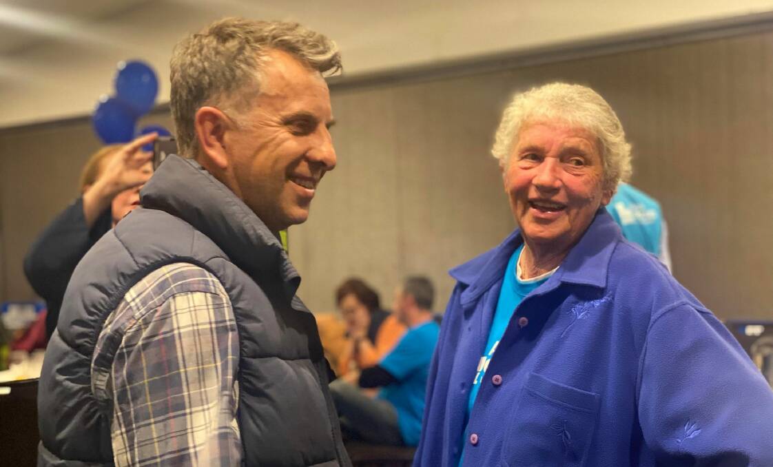 Liberal Gilmore candidate Andrew Constance with former Gilmore MP Joanna Gash on Saturday night. Picture: Grace Crivellaro.