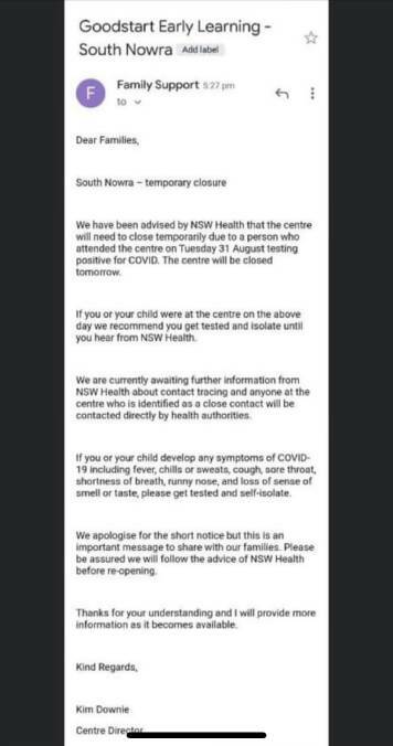 The email from Goodstart Early Learning South Nowra circulating Shoalhaven community Facebook pages. 