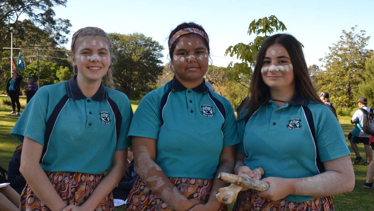 CELEBRATING CULTURE: Shoalhaven High School students Destanie Chapman, Shakria Mongta-Kelly and Kiara McPherson preparing for their performance at the National Sorry Day event.