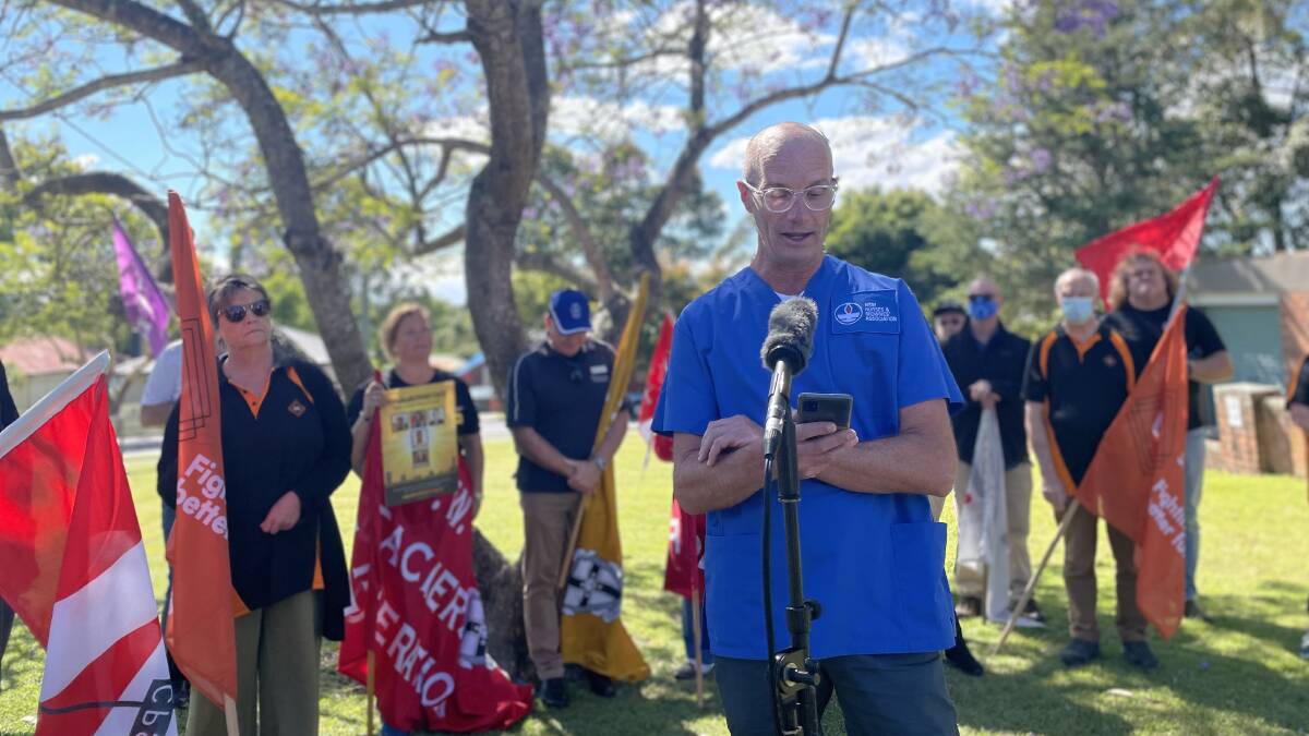 INDUSTRIAL ACTION: Shoalhaven NSWNMA branch president, Michael Clarke, at a previous rally in November 2021. Image: Grace Crivellaro.