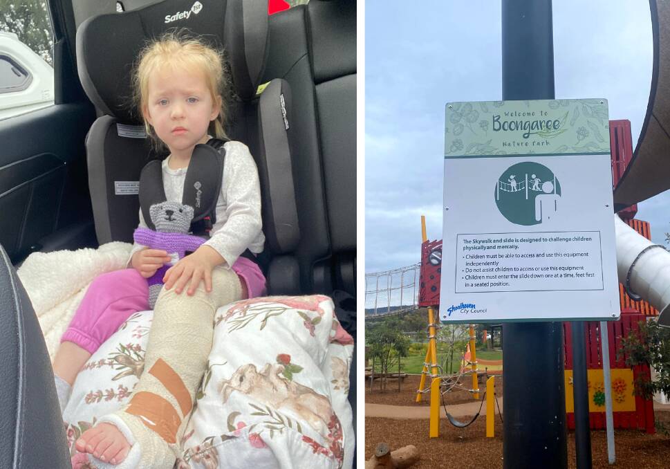 Injured: 3-year-old Harlow after breaking her leg at the Boongaree Nature Play Park on Monday. Pictures: Mitch Liddicoat.
