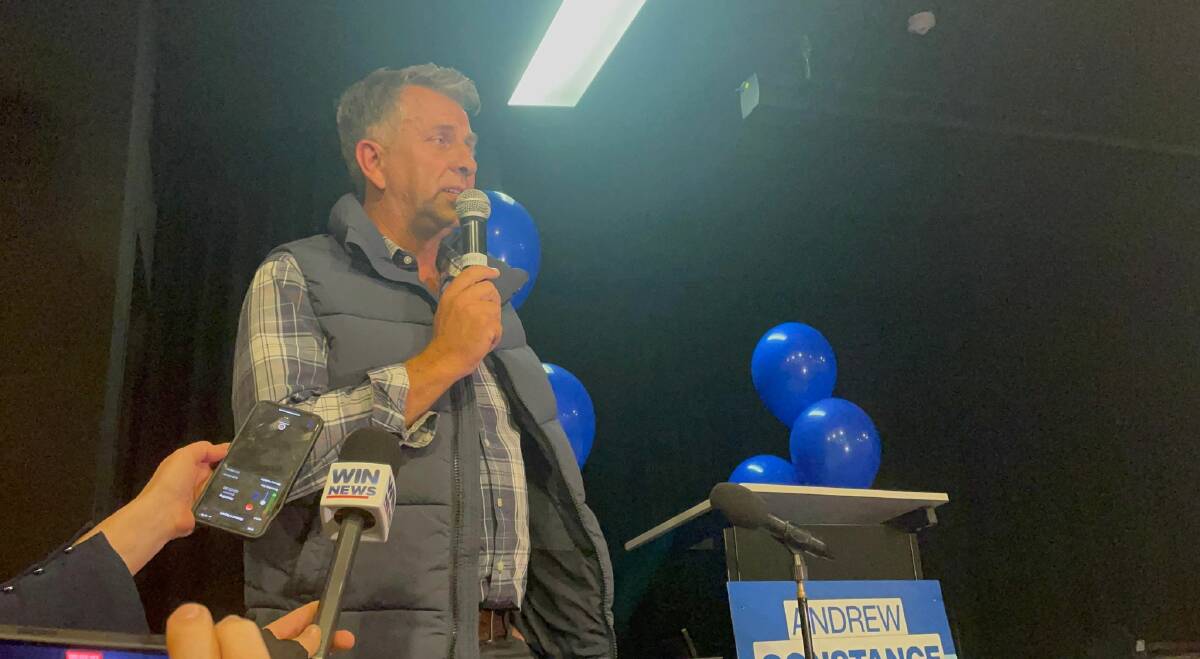 Federal candidate Andrew Constance took to the crowd at the Liberals HQ in Bomaderry on Saturday night. Picture: Grace Crivellaro.