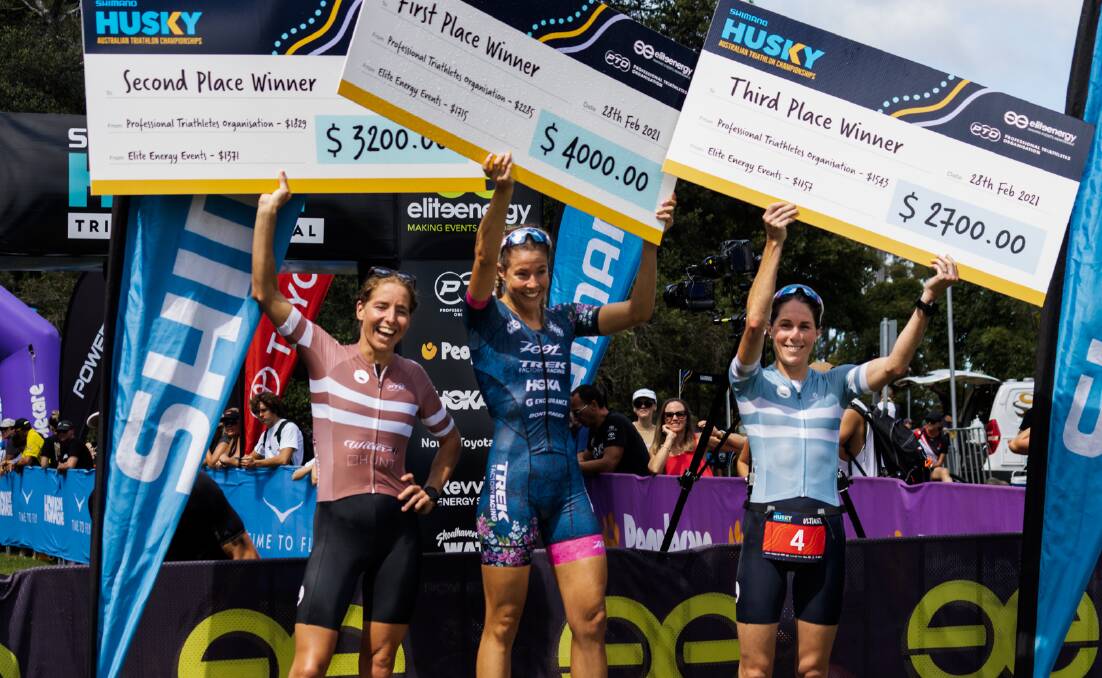 Women's Podium: Ellie Salthouse (centre) claimed the women's win in the Ultimate distance at Huskisson. Photo: Creative Soup Media.