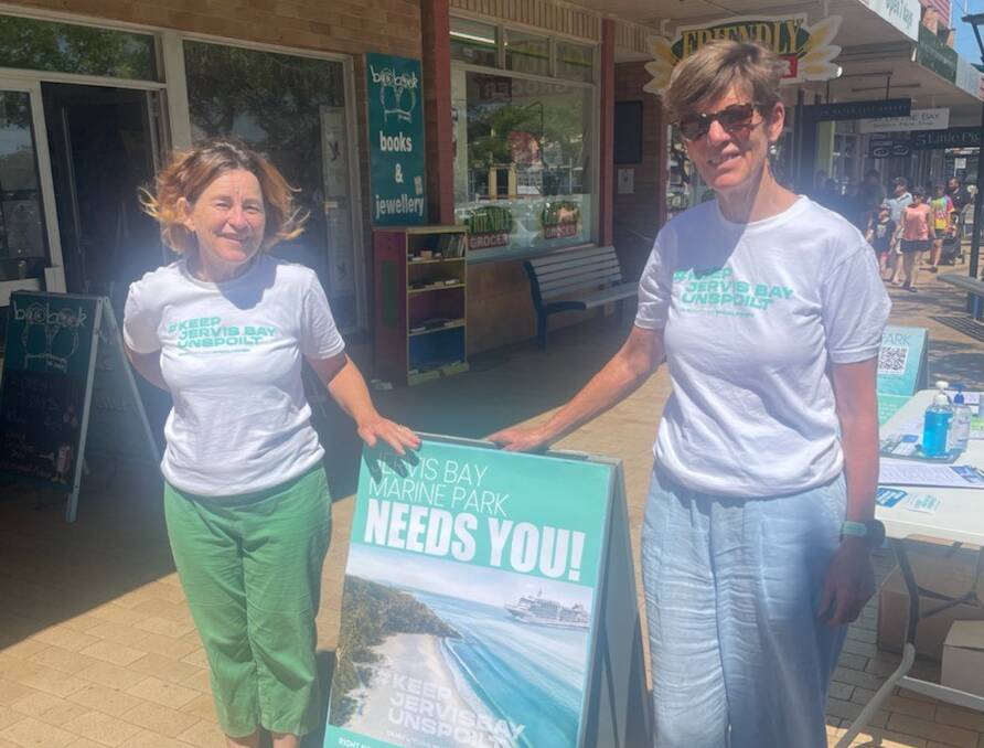 PETITON: Members of the Jervis Bay Cruiseship Coalition, Penny Davidson and Jo Warren, said the group operate on a rotating roster to collect signatures for their petition on Owen Street, Huskission every day. Image: suplied.