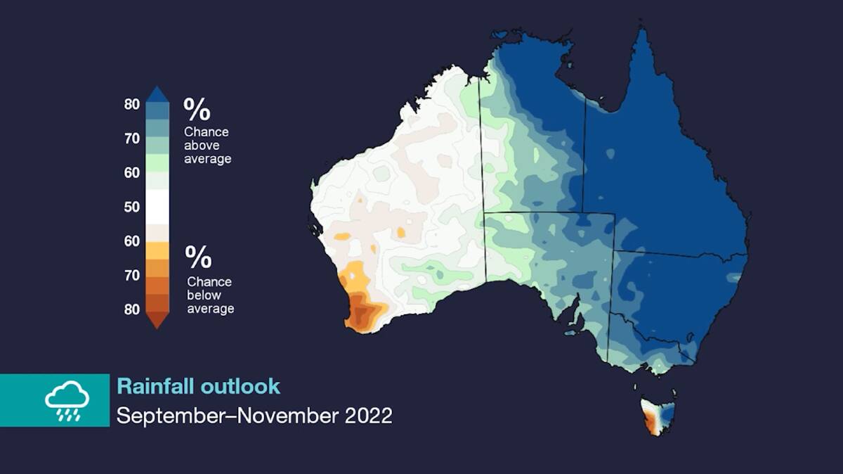 There is a high chance of above average rainfall for the eastern half of Australia while Western Australia and western Tasmania are expected to be drier. Picture supplied by Bureau of Meteorology.